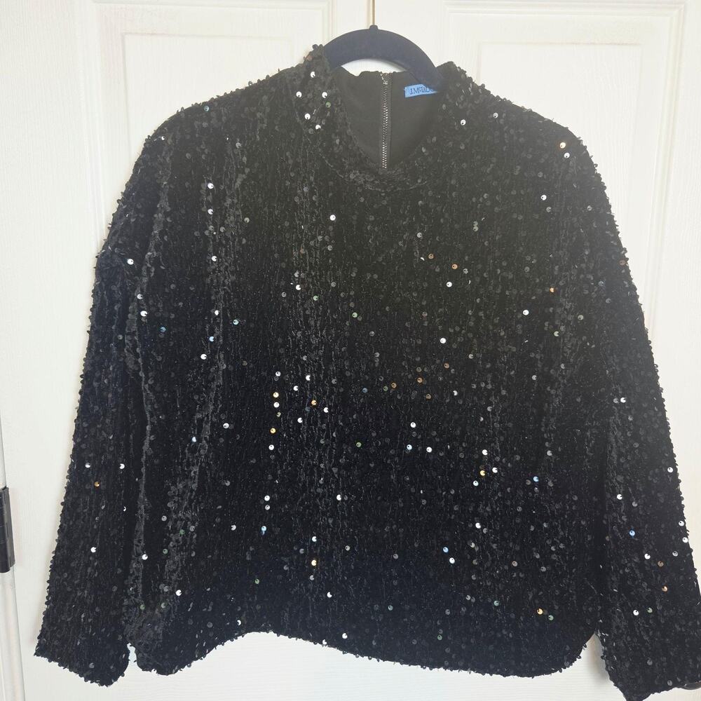 J McLaughlin Shirt XL Black Leeza Sequin Mock Neck Long Sleeve Party Blouse Top